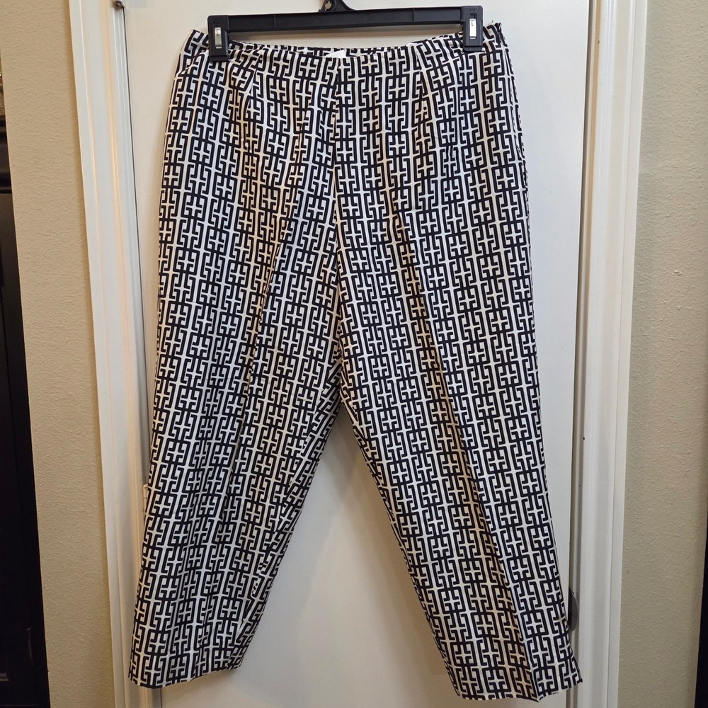 Allison Taylor 100% Silk Geometric Print Straight Leg Trousers Black White Sz 12
